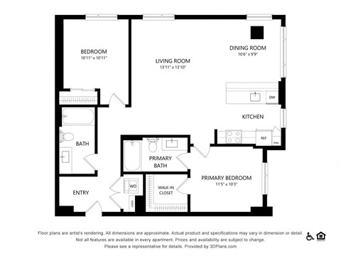 Floor plan for 2 beds, 2 baths, 1101 sqft